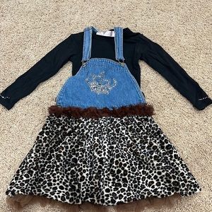 Greggy Girl cheetah and denim overall dress with black shirt